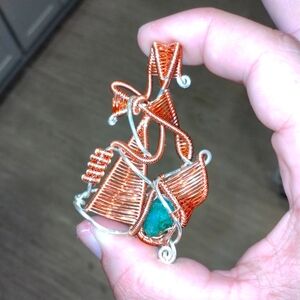 Copper Emerald wire wrap pendant